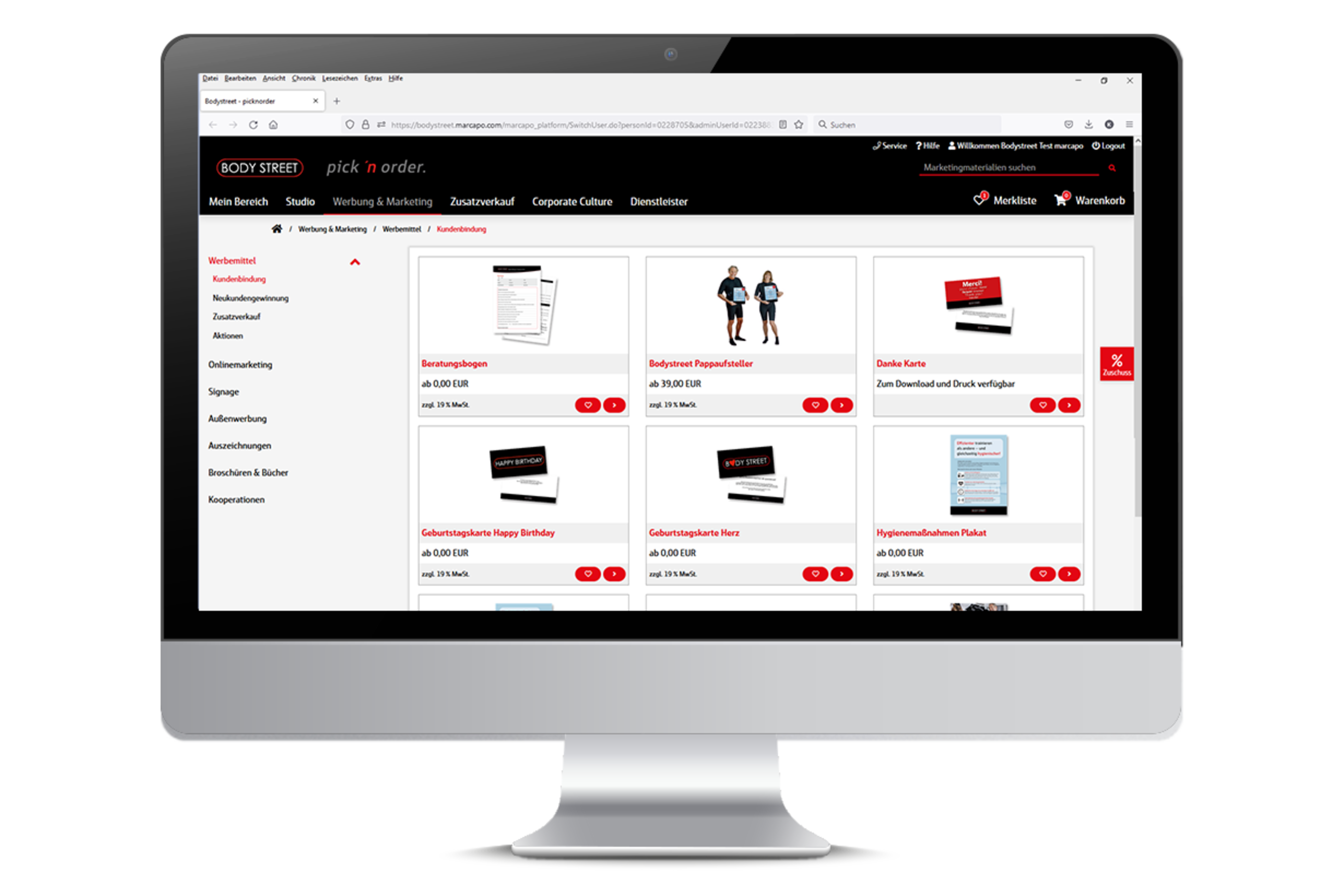 Bildschirm mit Produktübersicht im Bodystreet Marketingportal