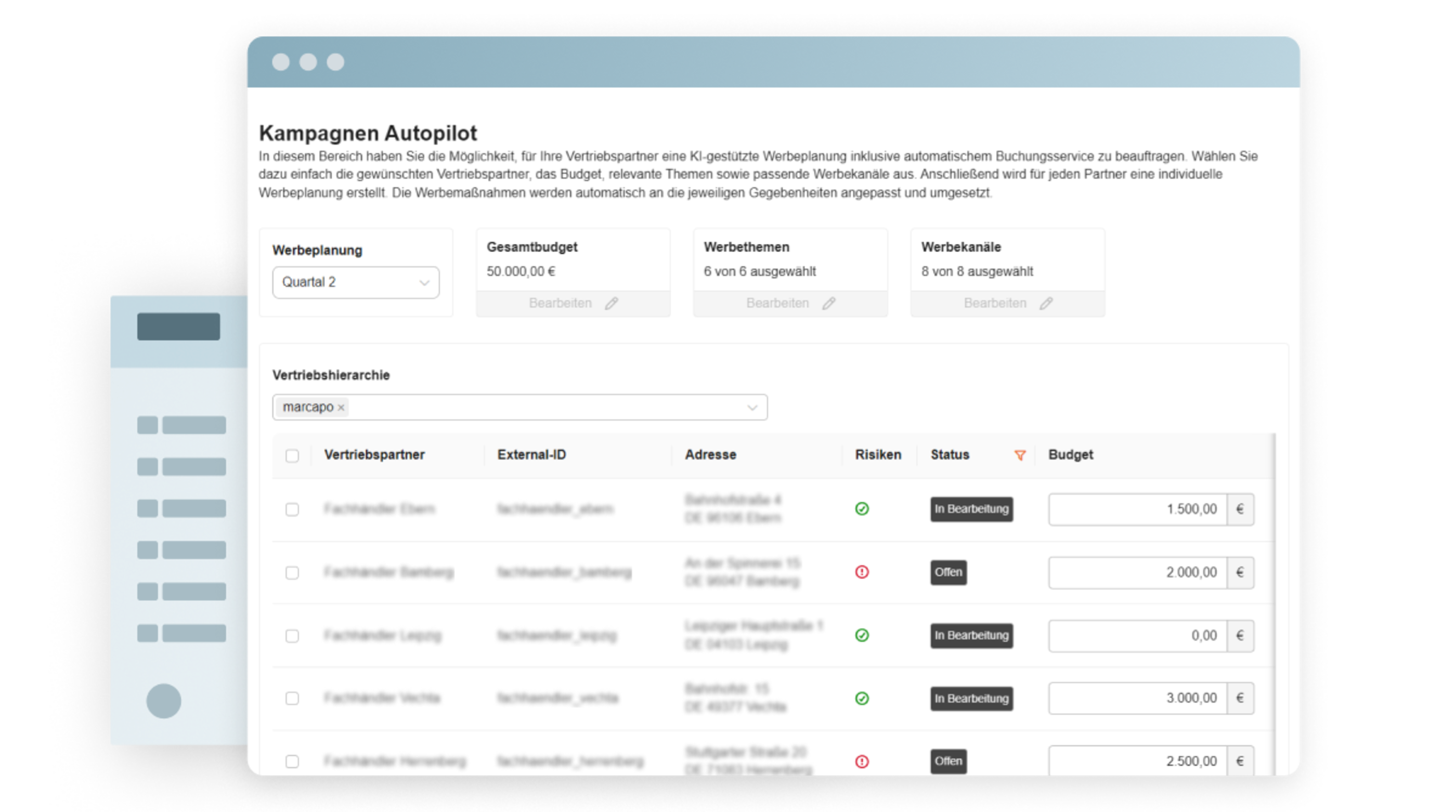Kampagnen-Autopilot mit Werbeplanung, Gesamtbudget, Vertriebspartnern, Status und individuellen Budgets
