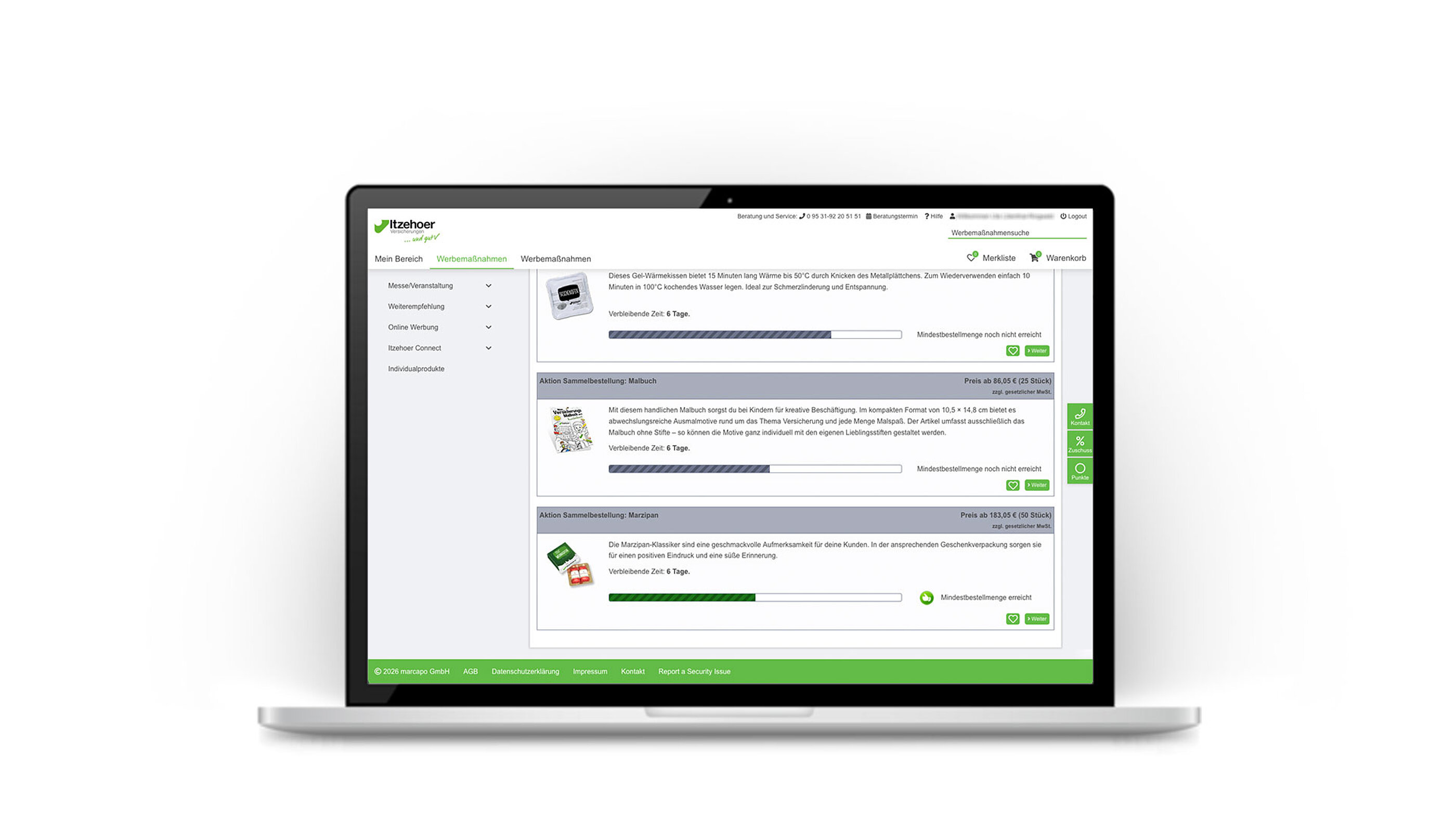 Laptop mit Itzehoer-Werbeportal und Live-Fortschrittsbalken für Sammelbestellungen