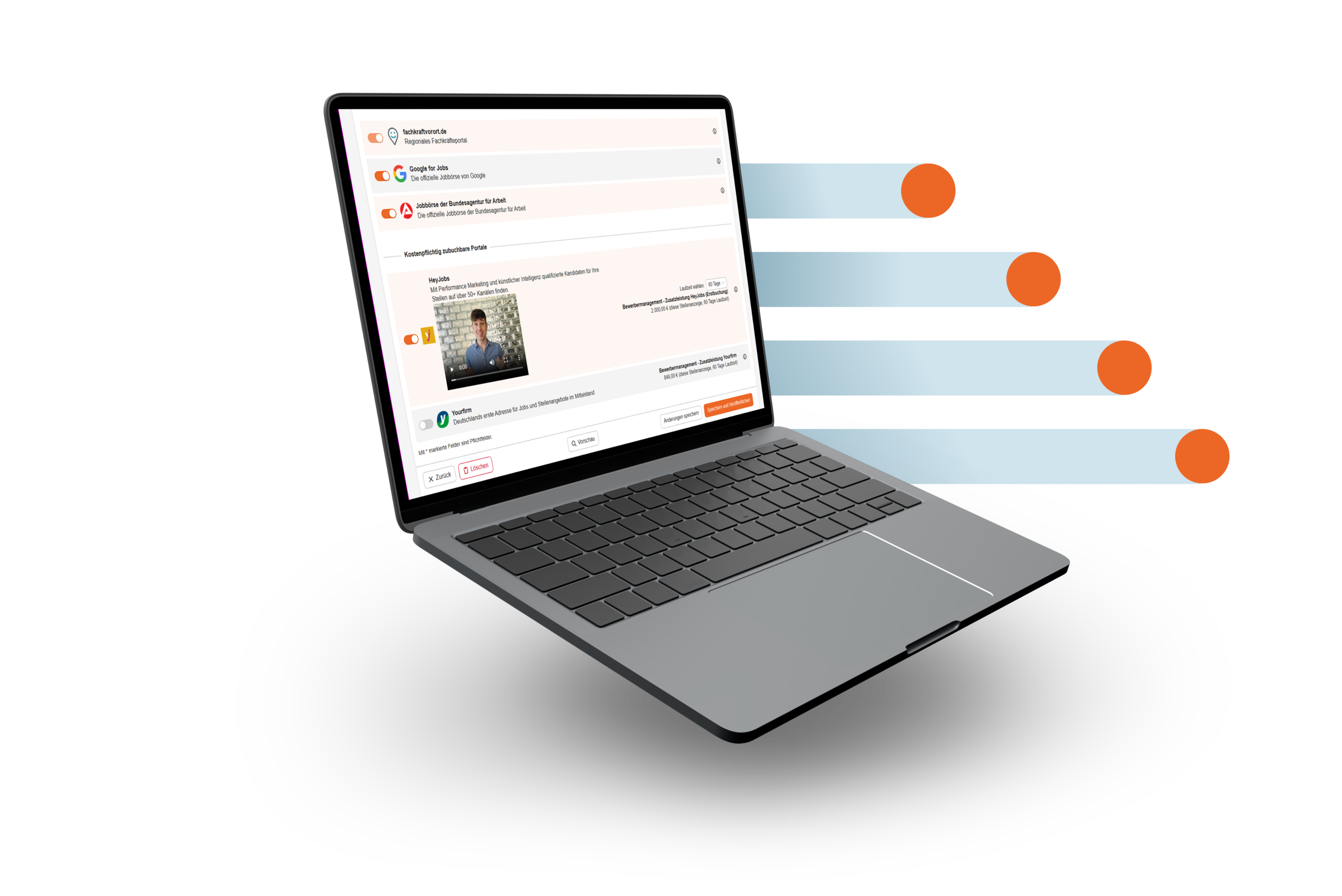 Laptop mit geöffneter Softwareoberfläche und vier verbundenen Prozesslinien mit orangefarbenen Markierungen