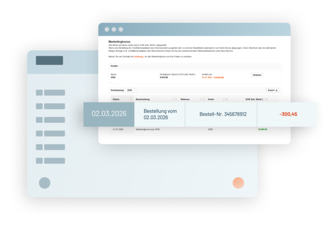 Ansicht des Marketingbonus-Kontos mit Kontostand, Bestelldatum, Bestellnummer und Buchungsbetrag