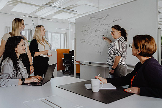 Fünf Frauen stehen am Whiteboard, auf dem der Schriftzug „Recruiting“ abgebildet ist