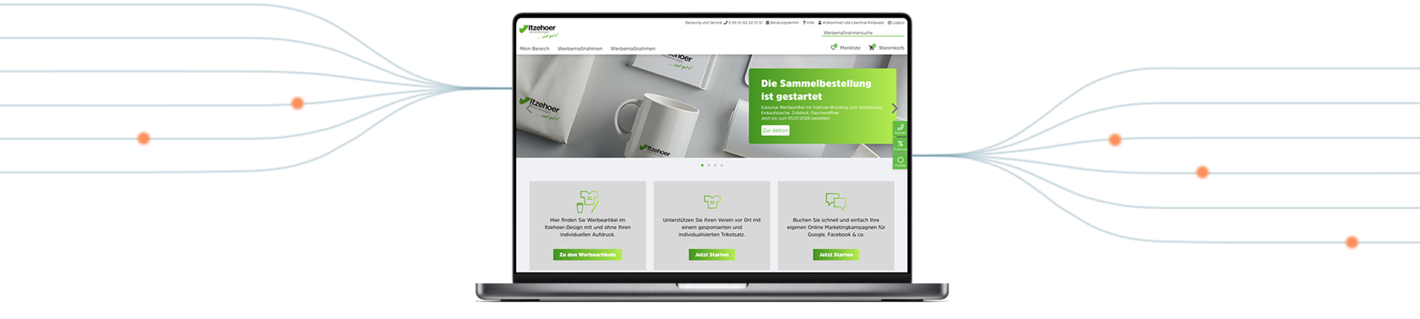 Laptop mit Itzehoer Werbeportal zur Sammelbestellung, verbunden durch blaue Linien mit orangefarbenen Knotenpunkten