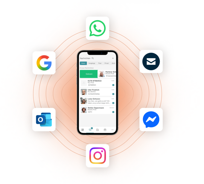 Smartphone mit Nachrichtenübersicht, umgeben von Logos für WhatsApp, Google, E-Mail, Outlook, Messenger und Instagram