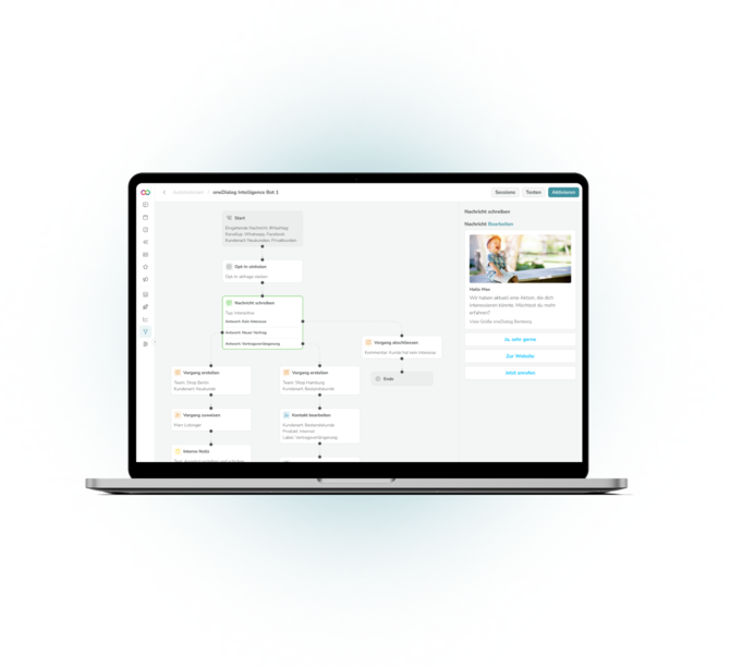 Laptop mit geöffnetem Automatisierungs-Workflow und Nachrichtenvorschau