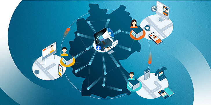 Illustration eines deutschlandweiten Netzwerks, das mehrere Händler verbindet. Im Mittelpunkt steht eine zentrale Kampagne