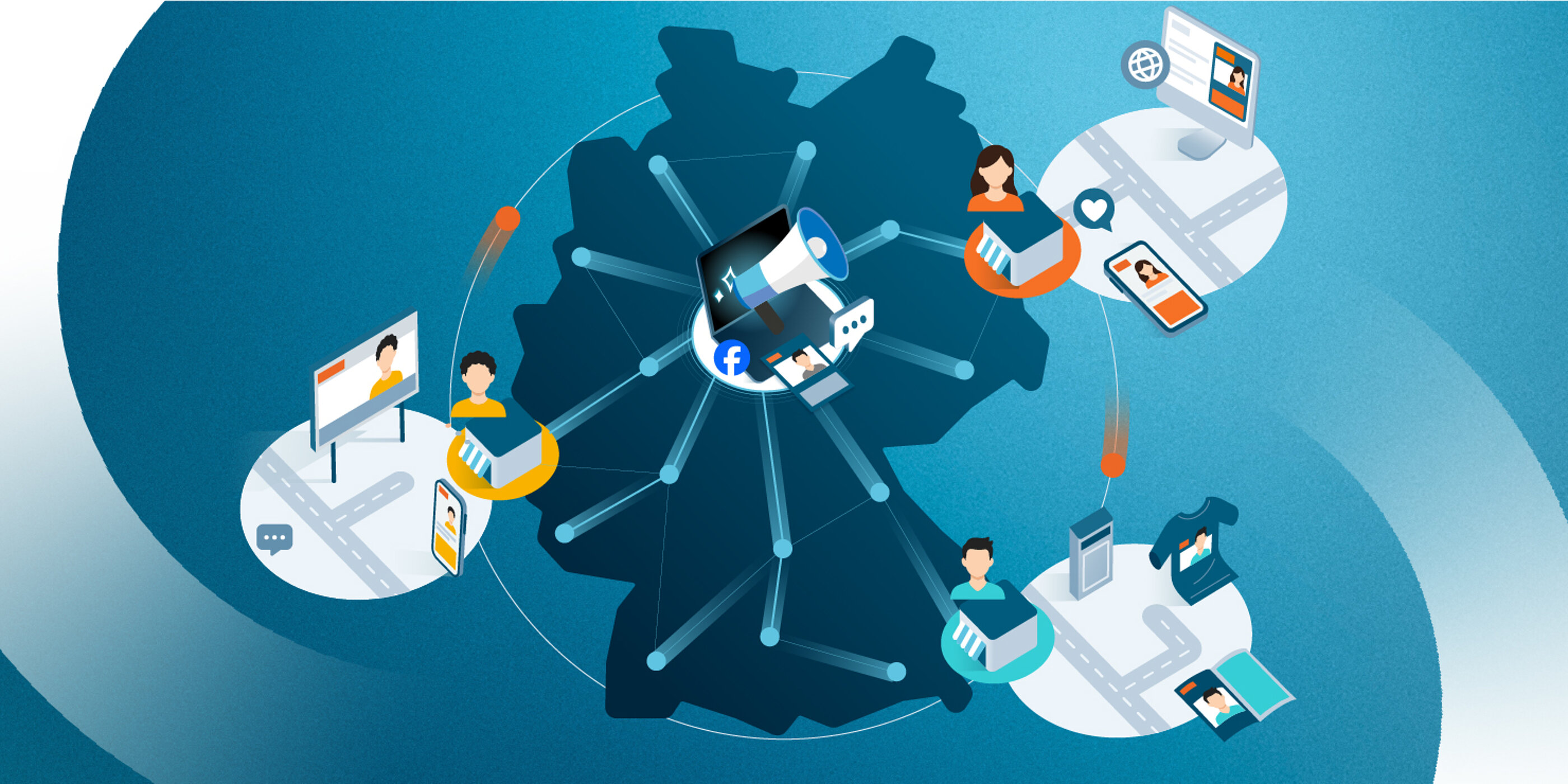 Illustration eines deutschlandweiten Netzwerks, das mehrere Händler verbindet. Im Mittelpunkt steht eine zentrale Kampagne