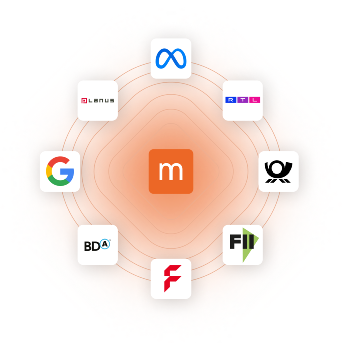marcapo-Favicon auf orangefarbenem Linienhintergrund, umgeben von Logos über Schnittstellen angebundener Dienstleister