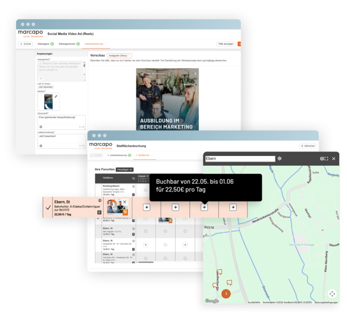 Ansichten der Marketingplattform mit Personalisierung einer Social-Media-Ads-Kampagne, Stellflächenbuchung und Kartenansicht