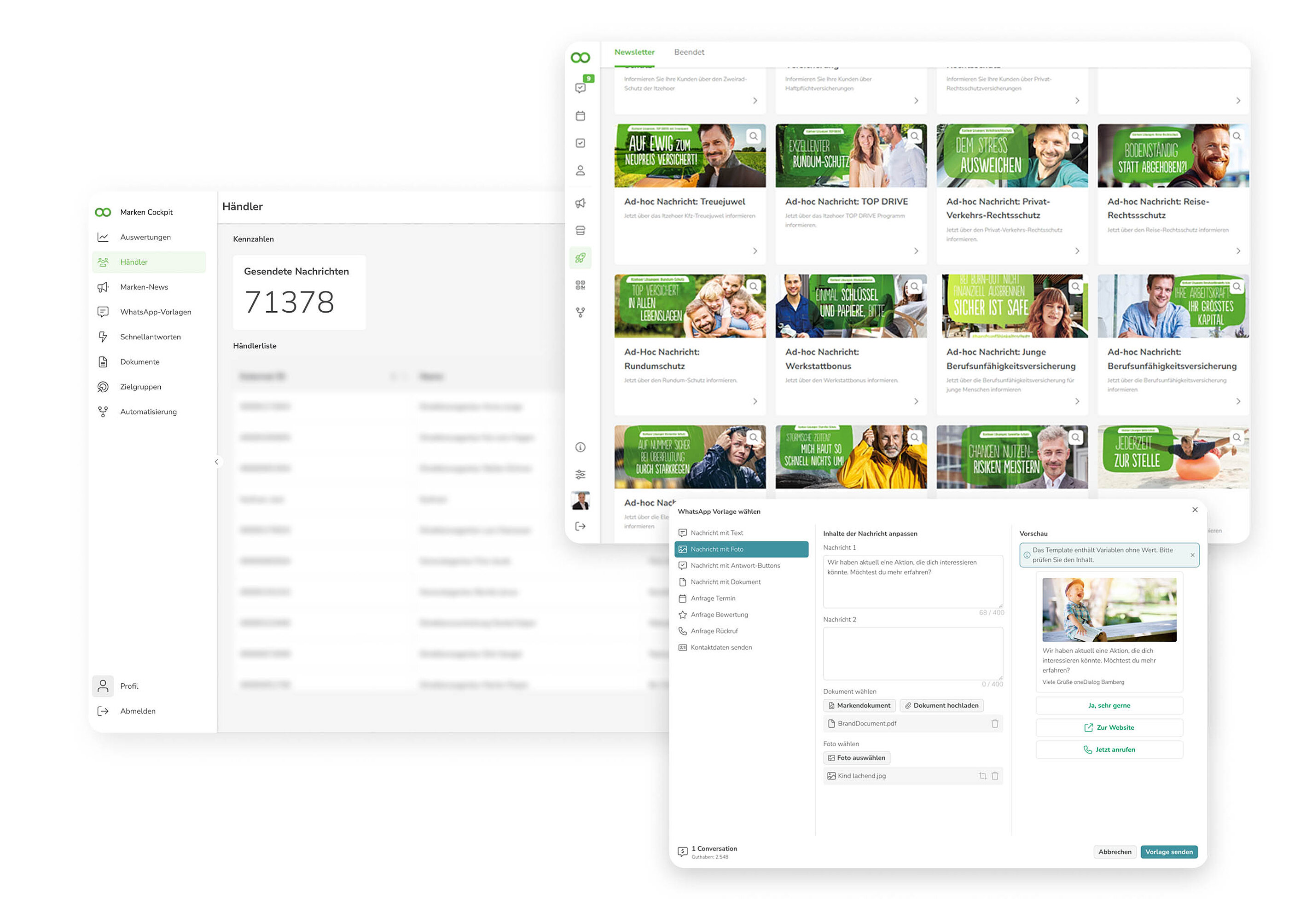 Dashboard mit Händlerliste, Newsletter-Vorlagen und WhatsApp-Nachrichtenvorschau