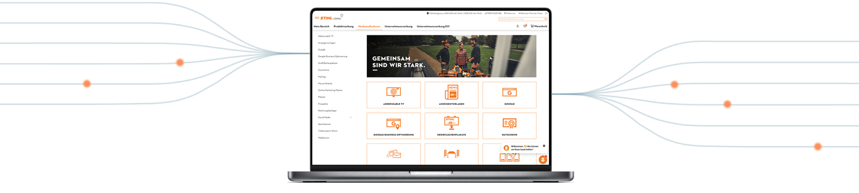 Laptop mit STIHL lokal Plattform, verbunden durch blaue Linien mit orangefarbenen Knotenpunkten