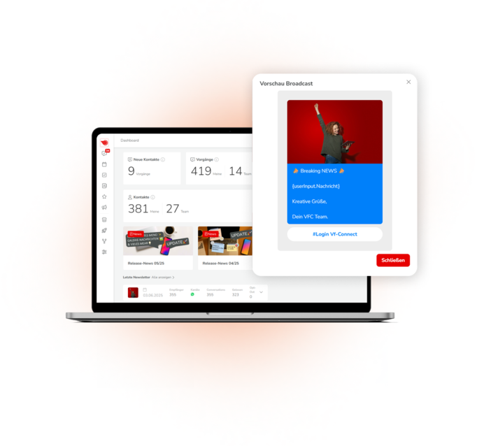 Laptop mit geöffnetem Vodafone Dashboard und Vorschau einer Broadcast-Nachricht