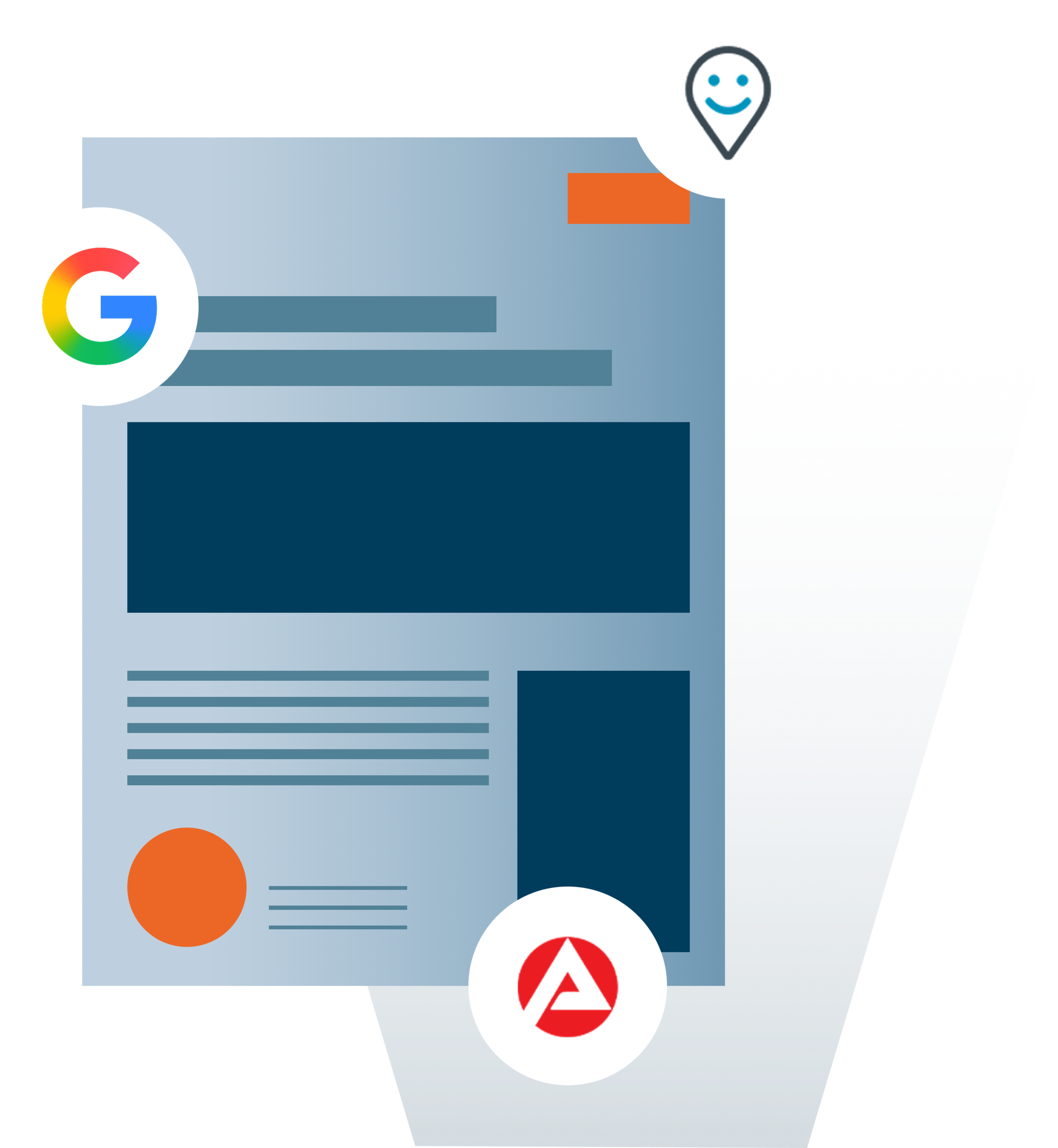 Illustration einer Webseite mit Google-, Standort- und Adobe-Logo