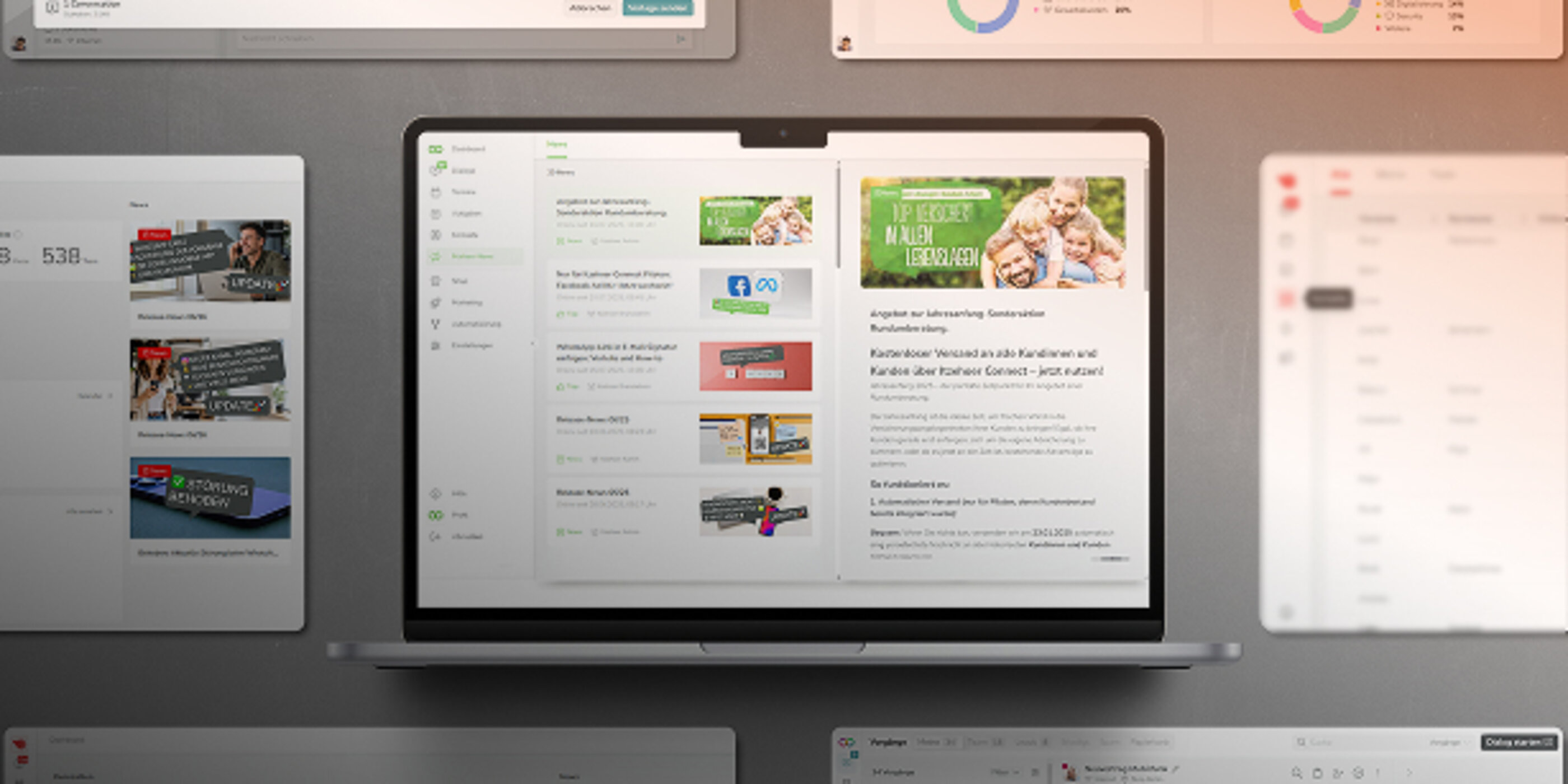 Laptop mit Content-Management-Oberfläche, umgeben von mehreren digitalen Dashboards
