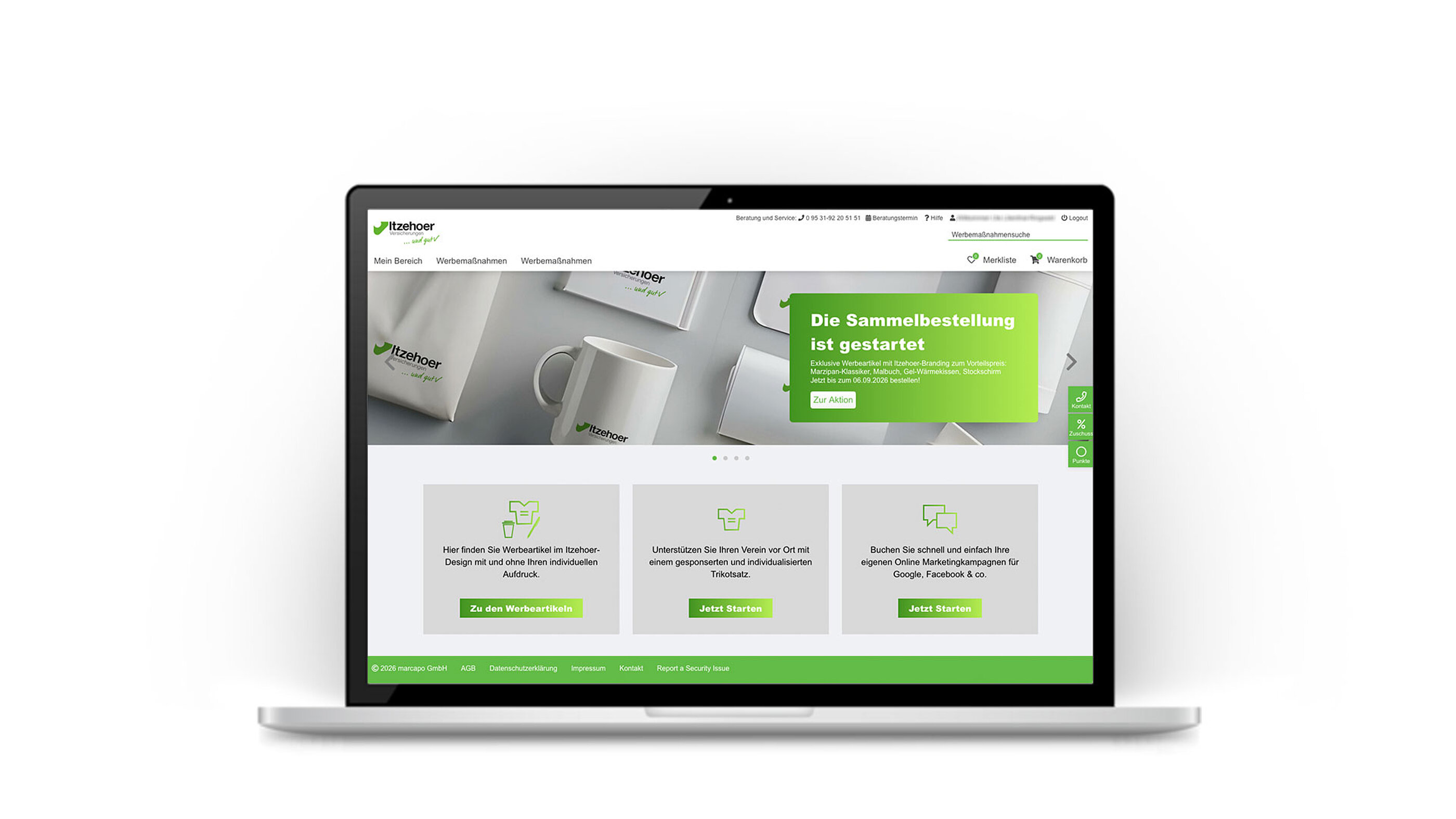 Laptop mit geöffnetem Werbeportal der Itzehoer Versicherungen in grün-weißem Webdesign