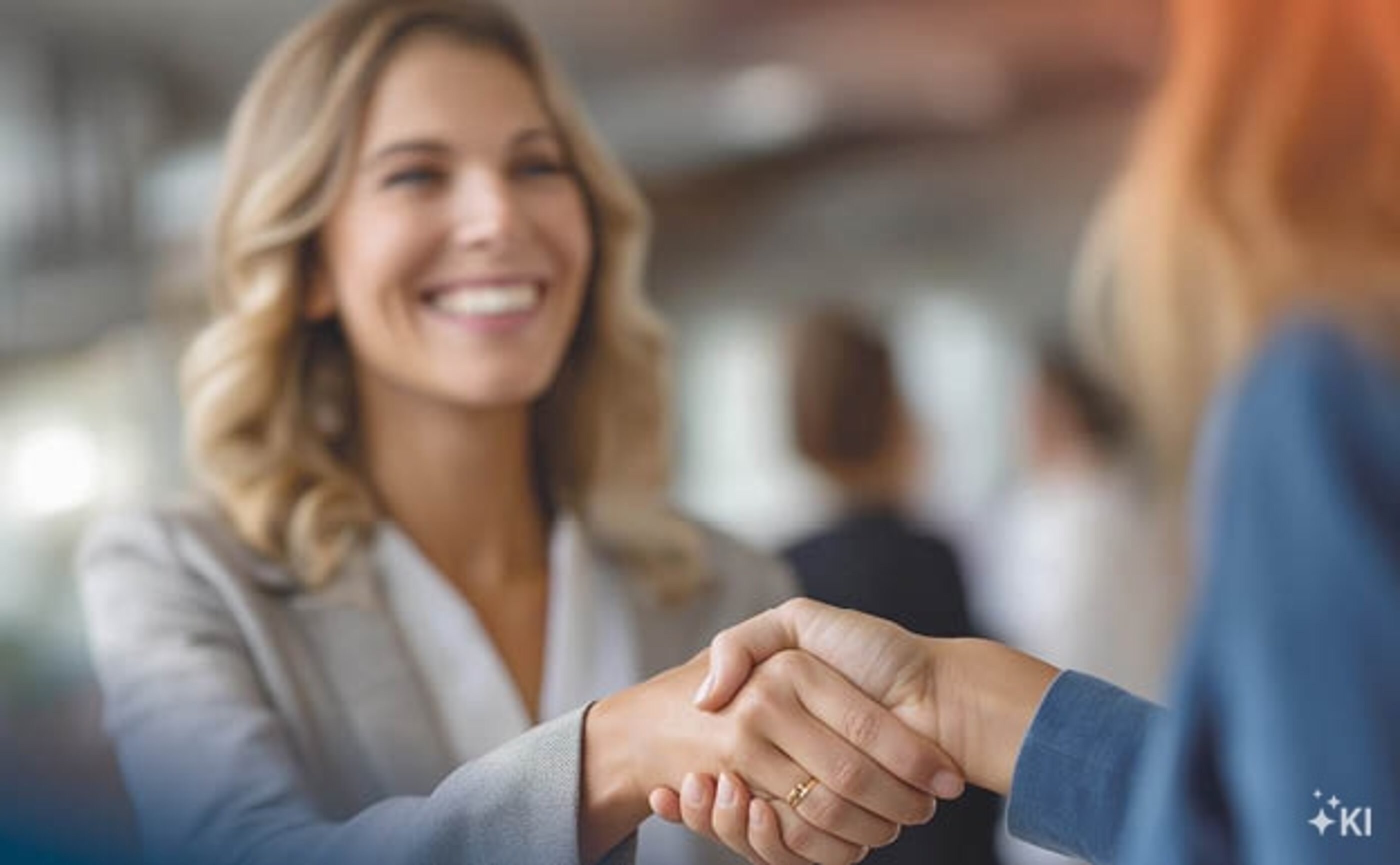 A smiling woman shakes hands with another woman