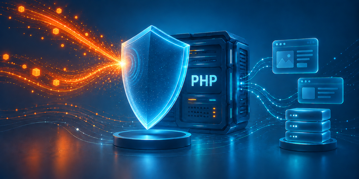 Blaues Schutzschild vor PHP-Server, das orangefarbene Datenströme abwehrt