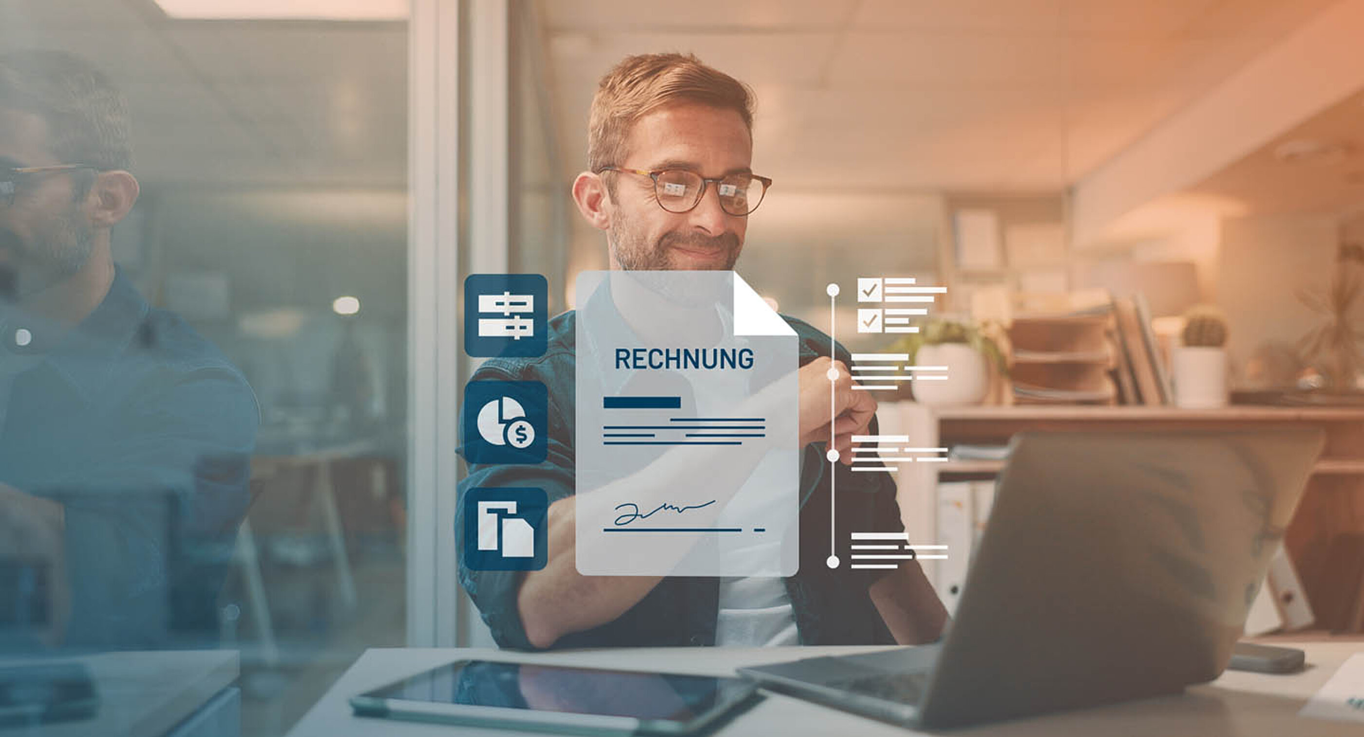 Mann am Laptop mit digitaler Rechnung und Symbolen für Abrechnung, Finanzen und Verwaltung