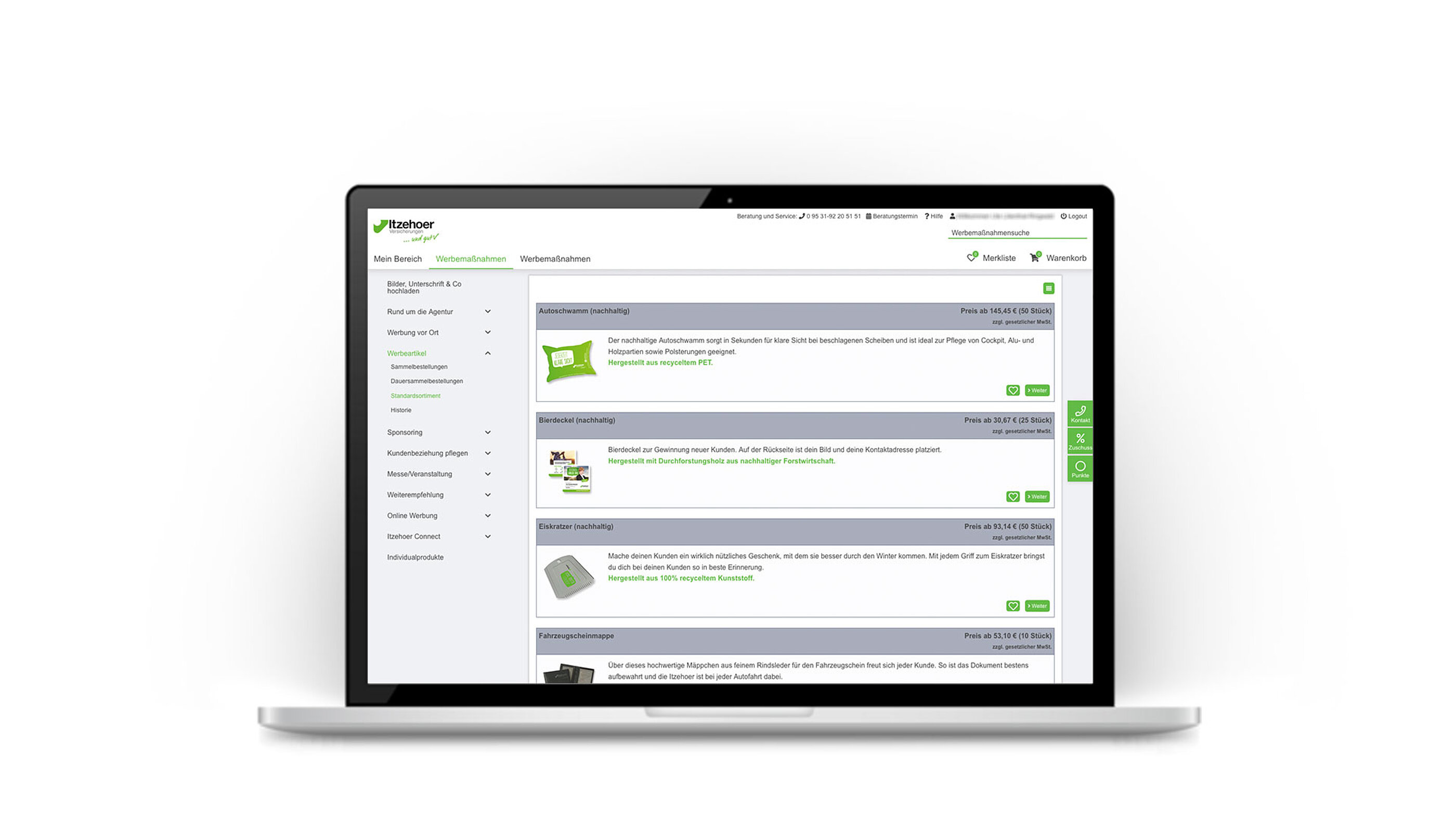 Laptop mit Itzehoer-Werbeportal und Auflistung des Standardsortiments
