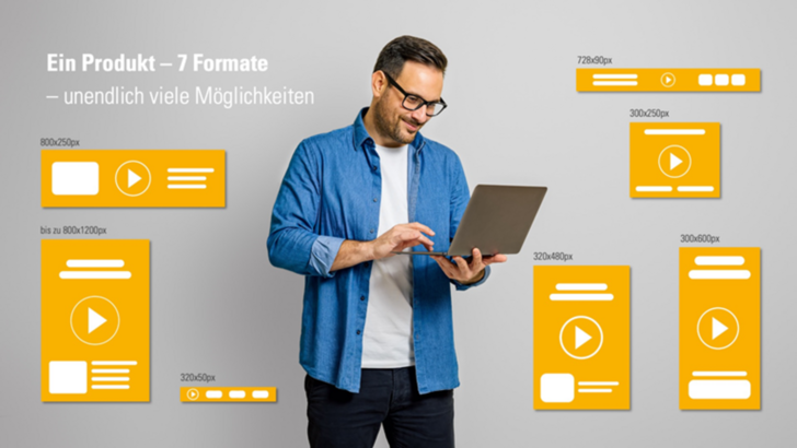 Ein Mann mit Laptop ist umgeben von grafisch dargestellten verfügbaren Formaten