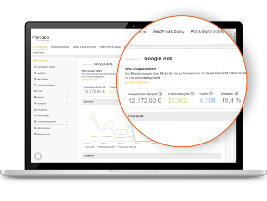 Auswertung der Google Performance Max Kampagne über marcapo Marketingplattform.
